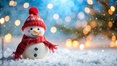 Adorable snowman in red hat and scarf on snowy background with bokeh lights, Snowman, winter, holiday, cute, festive