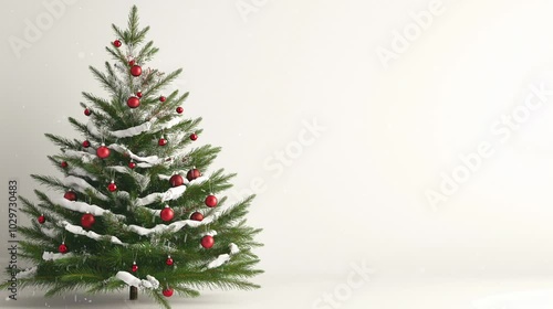 A beautifully decorated Christmas tree stands proudly indoors, adorned with red ornaments and a light dusting of snow, creating a warm holiday atmosphere, copy space