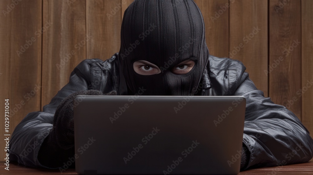 Masked online criminal using a laptop to commit financial fraud, causing disaster Masked online criminal using a laptop to commit financial fraud, causing disaster