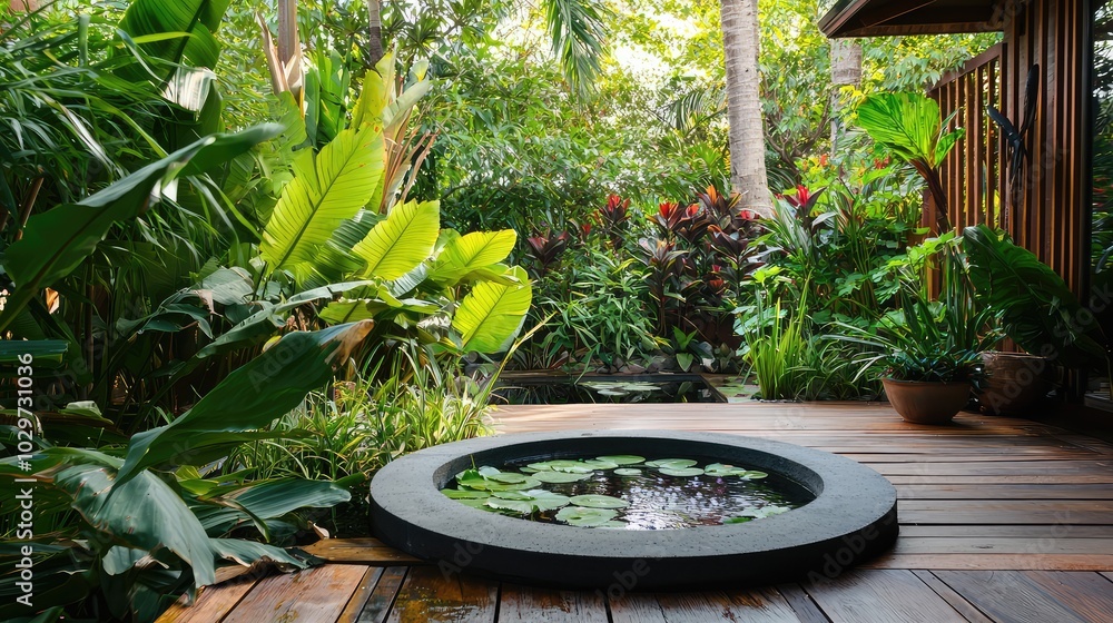 Serene Deck View with Small Water Feature Serene Deck View with Small Water Feature