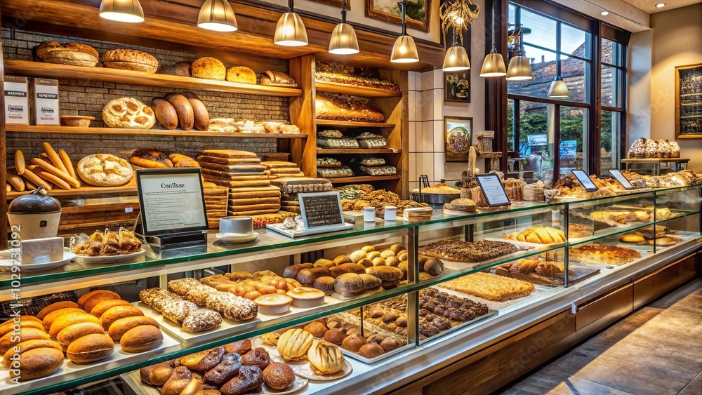 Warm, golden light illuminates the bakery, highlighting the rows of freshly baked goods, from crusty loaves to delicate pastries, an enticing display of artisanal craftsmanship. Warm, golden light illuminates the bakery, highlighting the rows of freshly baked goods, from crusty loaves to delicate pastries, an enticing display of artisanal craftsmanship.