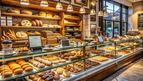 Warm, golden light illuminates the bakery, highlighting the rows of freshly baked goods, from crusty loaves to delicate pastries, an enticing display of artisanal craftsmanship.