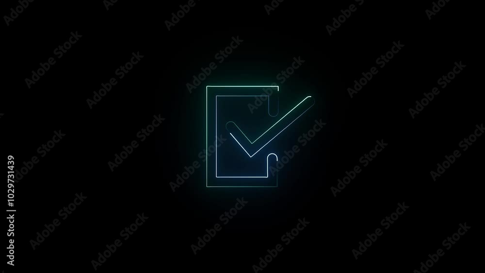 Check mark in neon style animation. tick mark. Retro sign with glowing neon animation on a color background. Check mark in neon style animation. tick mark. Retro sign with glowing neon animation on a color background.