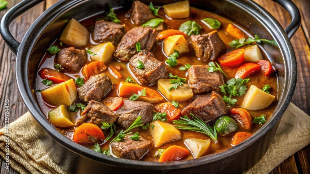 Succulent beef stew slowly cooking in a crock pot, highlighting rich colors and textures up close, beef, stew Succulent beef stew slowly cooking in a crock pot, highlighting rich colors and textures up close, beef, stew