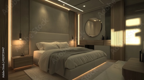 Minimalist bedroom design featuring neutral colors, clean lines, and soft lighting