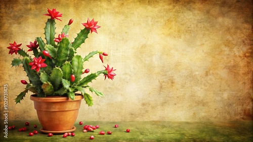 A vibrant cactus with red blossoms in a terracotta pot against a textured background, with scattered red berries, creating a visually captivating natural scene.