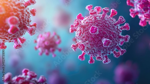 Colorful 3D illustration of a virus, displaying surface proteins in detail.