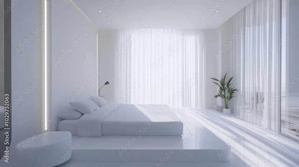 Fototapeta premium Minimalist bedroom with white bed, sleek decor, modern aesthetic
