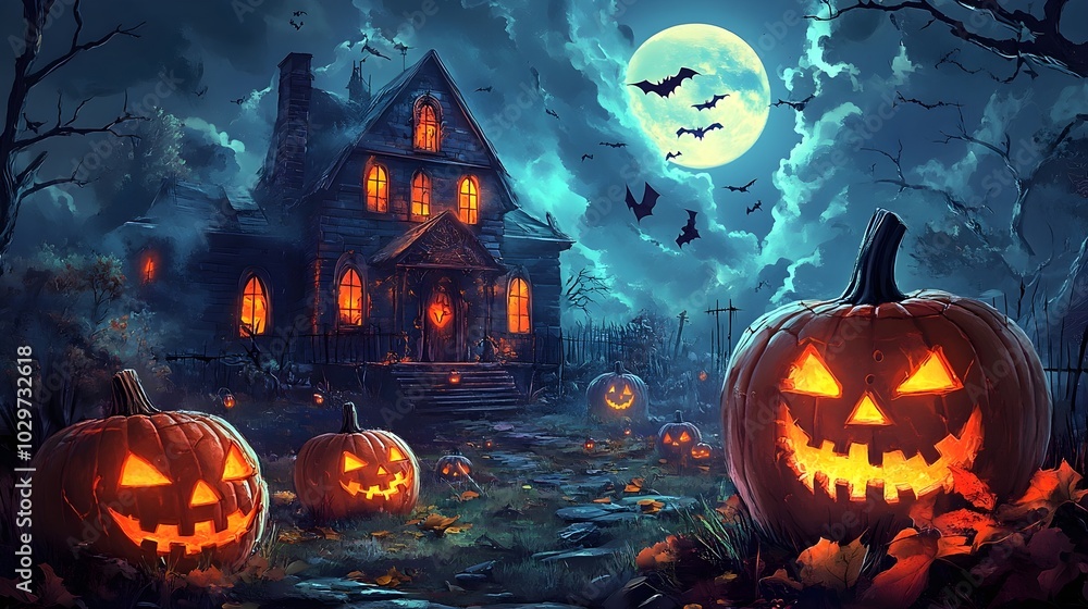 Jack-o-lanterns in front of haunted halloween house with bats and moon on the sky Jack-o-lanterns in front of haunted halloween house with bats and moon on the sky