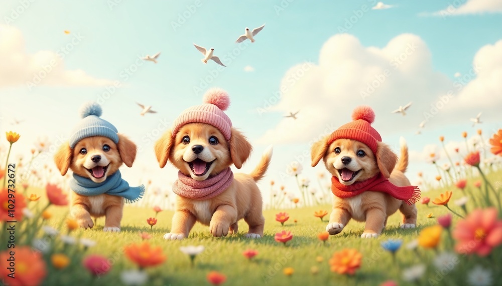 Fototapeta premium Happy puppies playing in a colorful flower field wearing scarves and hats under a bright sky