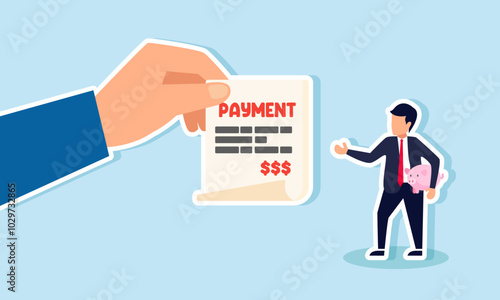 A businessman carrying a piggy bank receives a payment bill, illustration of billing for business expenses and company needs