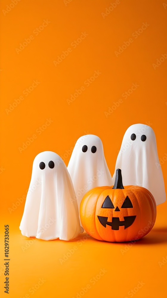 Halloween ghosts with funny pumpkin on orange background. Happy halloween holiday concept Halloween ghosts with funny pumpkin on orange background. Happy halloween holiday concept