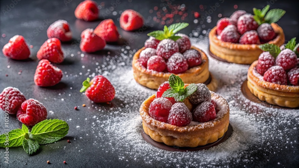 Sweet and Delicate Raspberry Tarts with a Powdered Sugar Dusting, a Culinary Delight for the Senses Sweet and Delicate Raspberry Tarts with a Powdered Sugar Dusting, a Culinary Delight for the Senses