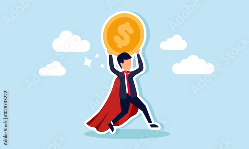 A super businessman carrying a giant dollar coin, illustration of a successful entrepreneur with a massive amount of total assets