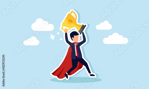 A super businessman carrying a trophy, illustration of a successful entrepreneur with awards and leadership in his business field