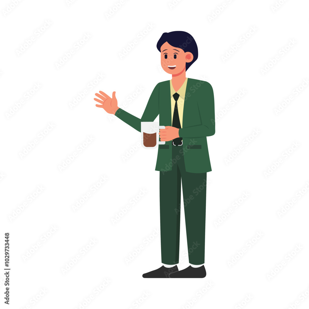 Company Officer Character Men Holding Cup Coffee Company Officer Character Men Holding Cup Coffee