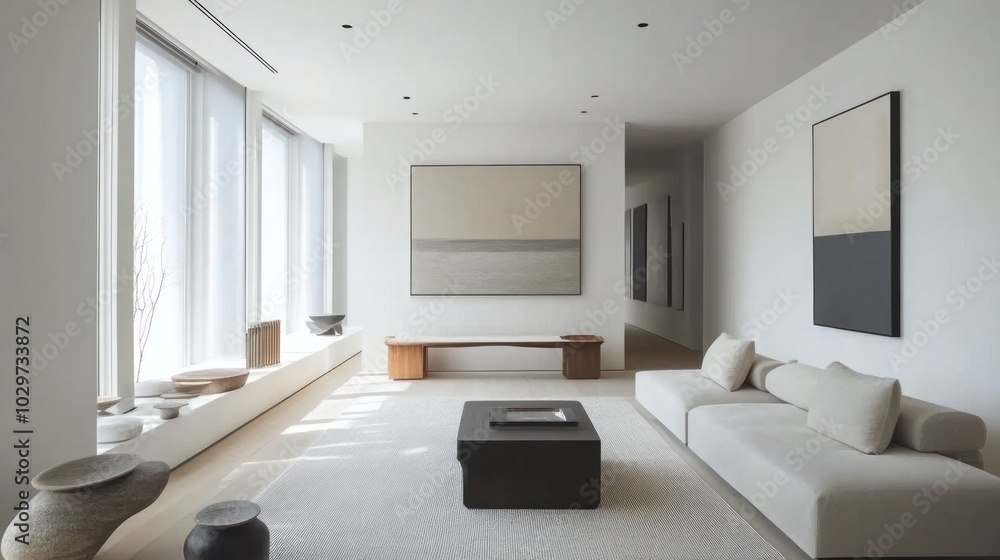 Fototapeta premium Minimalist living room with sleek furniture, neutral colors, and minimalist artwork on the walls