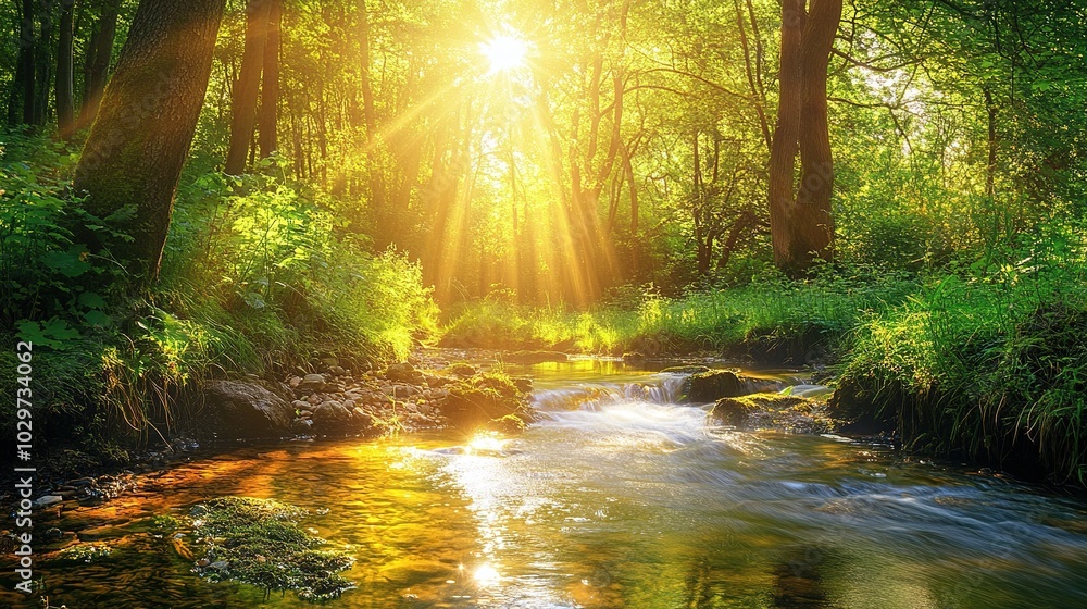 Obraz premium Serene Stream in Sunlit Forest