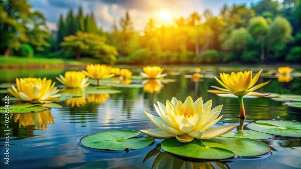 Beautiful yellow water lily flowers in a pond with leaves and river background, yellow, water lily, Nuphar lutea, pond Beautiful yellow water lily flowers in a pond with leaves and river background, yellow, water lily, Nuphar lutea, pond