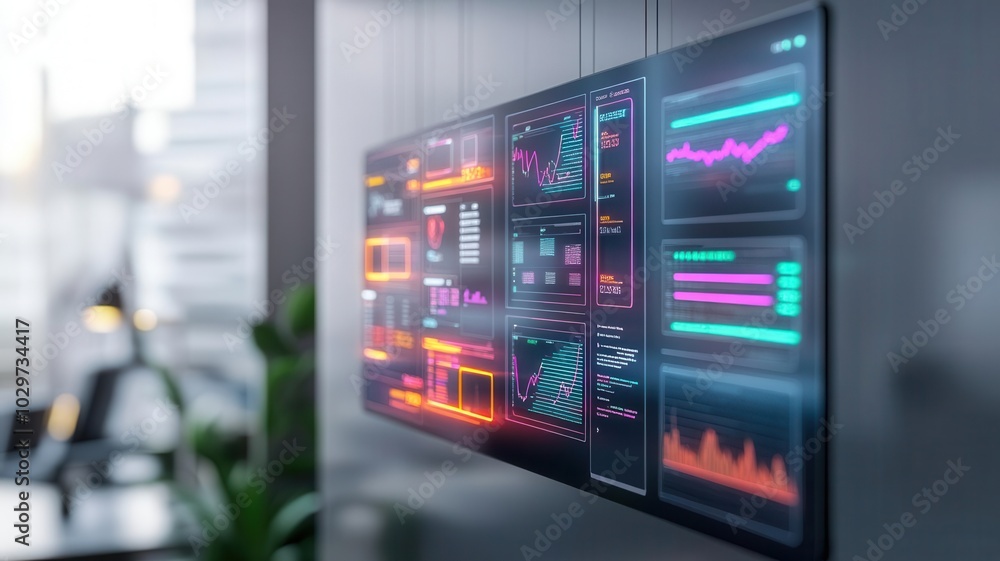 GRC risk dashboard, neon-lit floating panels, modern office setting, futuristic corporate landscape GRC risk dashboard, neon-lit floating panels, modern office setting, futuristic corporate landscape