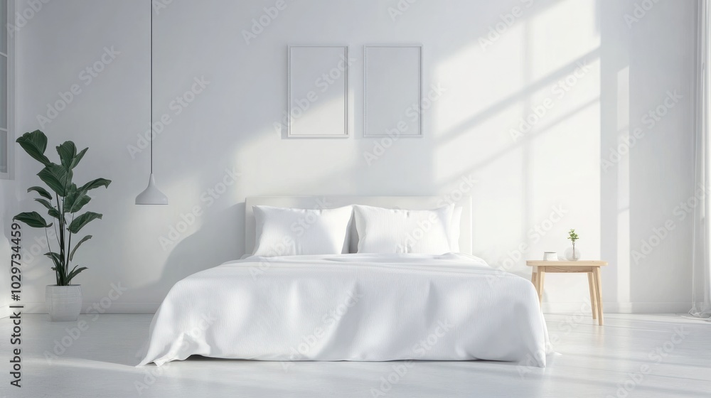 Minimalist modern furniture with a stylish double bed in a bright, open room Minimalist modern furniture with a stylish double bed in a bright, open room