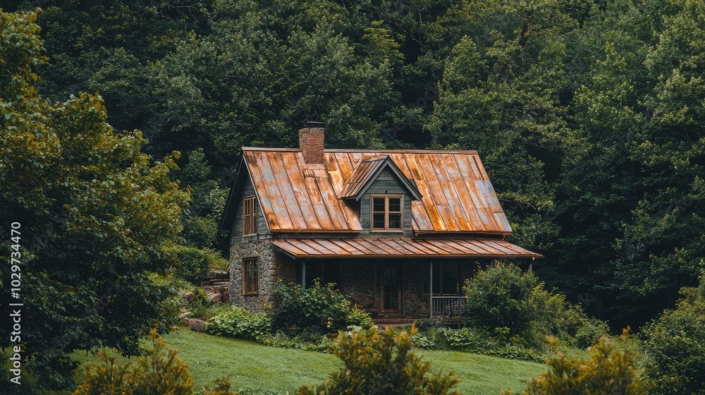 Rustic Home with Copper Roof in Serene Landscape Rustic Home with Copper Roof in Serene Landscape