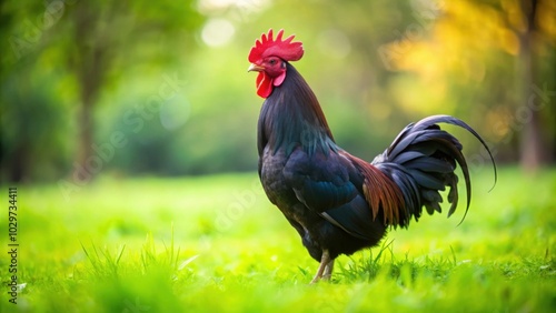 Black rooster standing proudly in a lush green field, rooster, grass, field, black, proud, feathers, farm animal