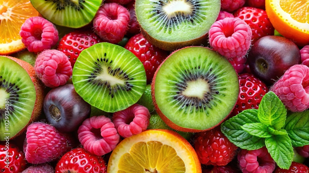 A symphony of vibrant colors, a kaleidoscope of textures kiwi slices, blushing raspberries, succulent strawberries, and citrus segments intertwined, a visual feast for the senses. A symphony of vibrant colors, a kaleidoscope of textures kiwi slices, blushing raspberries, succulent strawberries, and citrus segments intertwined, a visual feast for the senses.