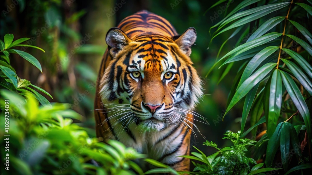 Asian tiger stealthily stalking its prey in the dense jungle, tiger, Asian, wildlife, predator, hunt, stalking, prey Asian tiger stealthily stalking its prey in the dense jungle, tiger, Asian, wildlife, predator, hunt, stalking, prey
