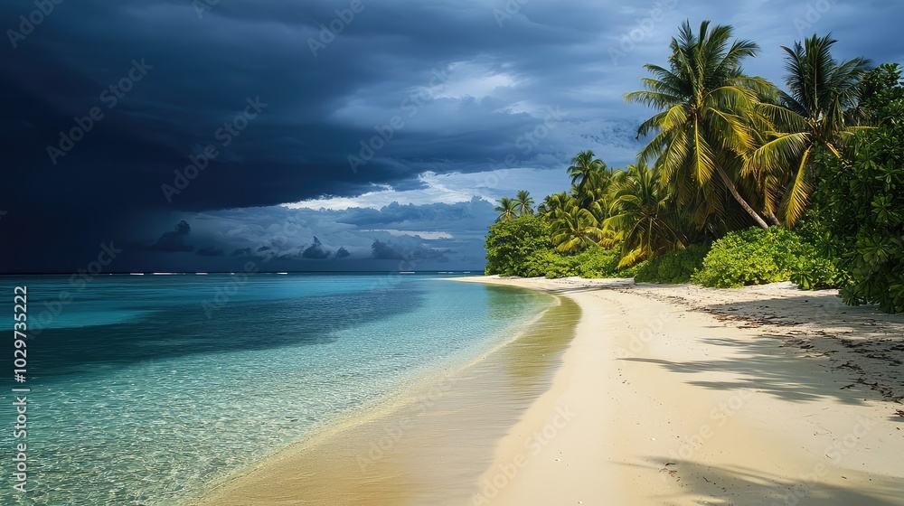 Serene Tropical Beach Under Dark Storm Clouds Serene Tropical Beach Under Dark Storm Clouds
