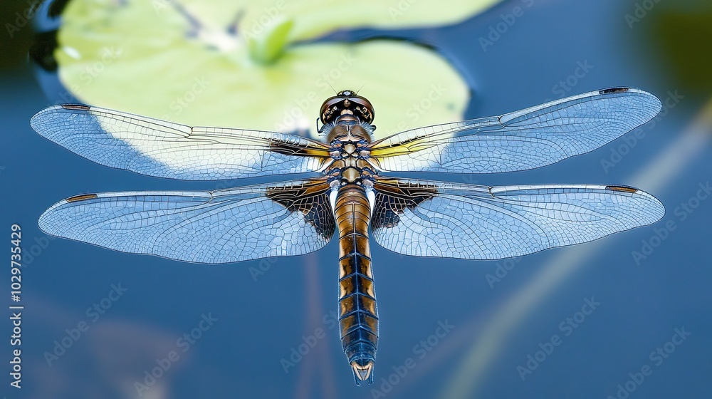 A close-up of a delicate dragonfly perched on a vibrant green leaf, showcasing the intricate details of its transparent wings and slender body. The dragonfly’s wings shimmer in the sunlight A close-up of a delicate dragonfly perched on a vibrant green leaf, showcasing the intricate details of its transparent wings and slender body. The dragonfly’s wings shimmer in the sunlight