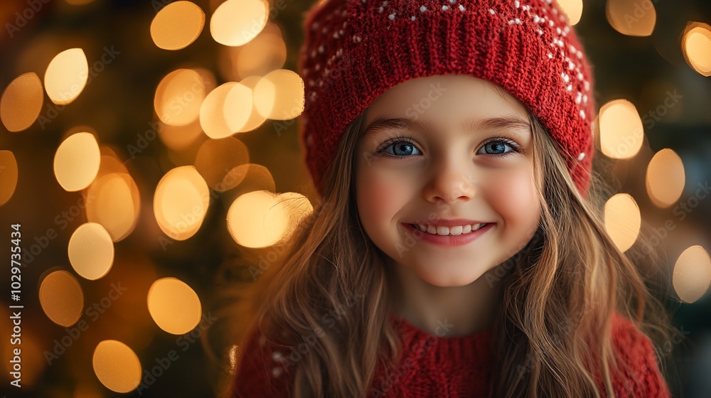 A young girl wearing a red hat and a sweater is smiling. The image has a warm and cheerful mood A young girl wearing a red hat and a sweater is smiling. The image has a warm and cheerful mood