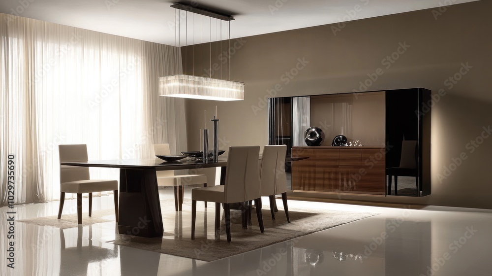 Modern dining room with minimalist furniture, elegant lighting, and a neutral color scheme Modern dining room with minimalist furniture, elegant lighting, and a neutral color scheme