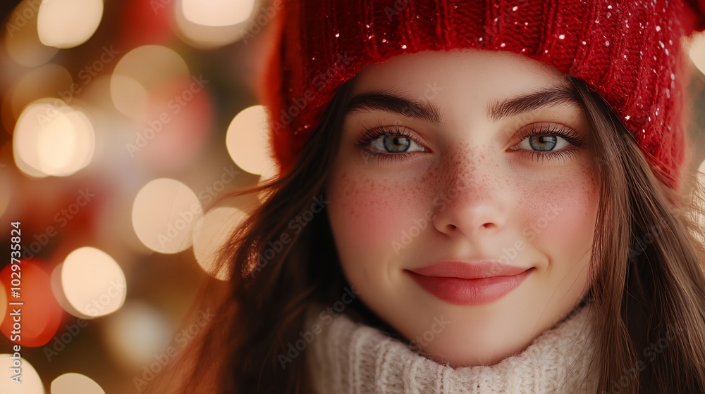 A woman with a red hat and a white sweater is smiling. The image has a festive mood, as it is likely taken during the holiday season A woman with a red hat and a white sweater is smiling. The image has a festive mood, as it is likely taken during the holiday season