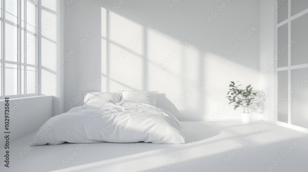 Modern double bed in a white room, minimalist design, natural lighting Modern double bed in a white room, minimalist design, natural lighting