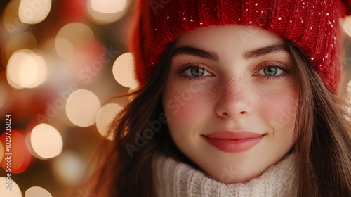 A woman with a red hat and a white sweater is smiling. The image has a festive mood, as it is likely taken during the holiday season