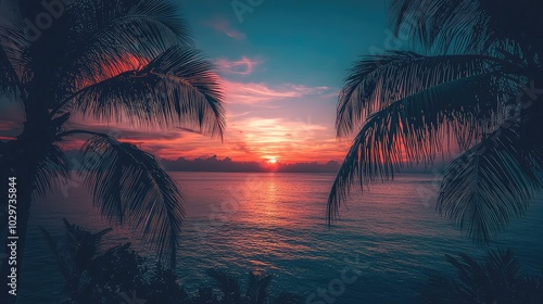 Serene Sunset over Ocean with Silhouetted Palms
