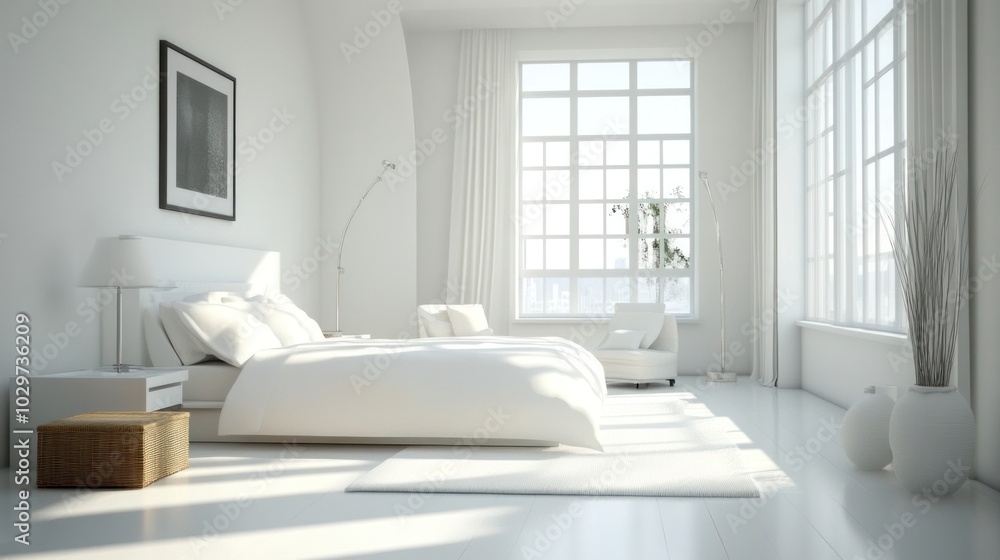 Fototapeta premium Modern furniture featuring a double bed, minimalist style, bright and airy room