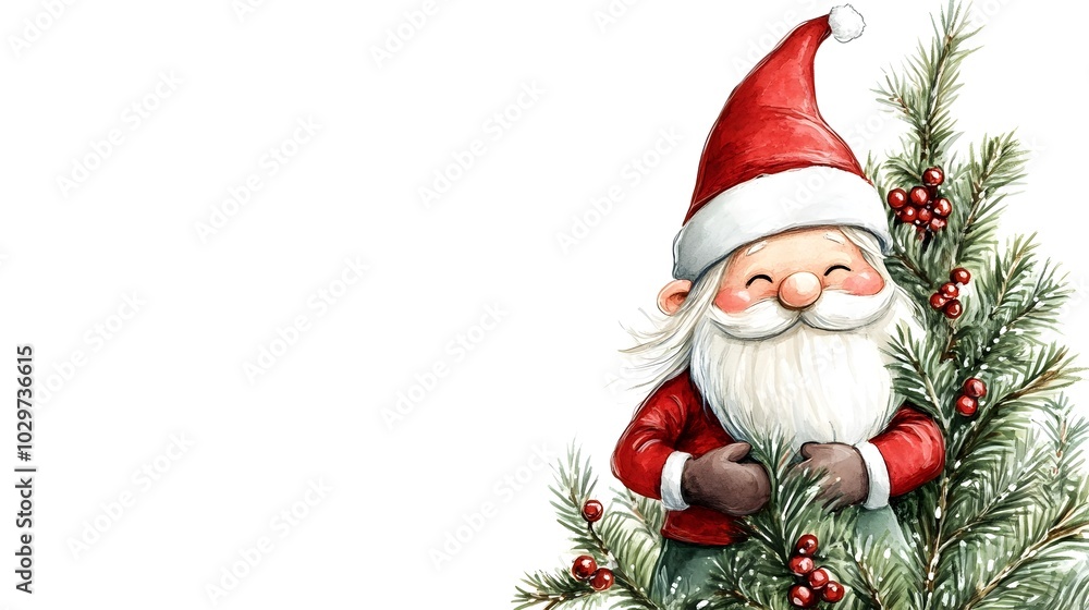 G. Warnywater's Christmas Gnome hugging a Christmas tree, clipart on a white background G. Warnywater's Christmas Gnome hugging a Christmas tree, clipart on a white background
