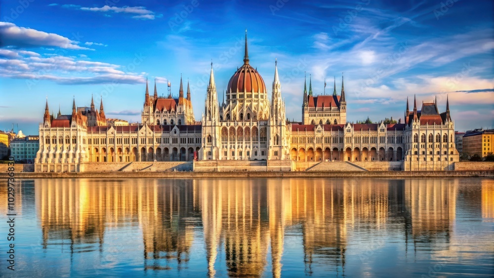 Naklejka premium Stunning view of the Hungarian Parliament Building along the Danube River in Budapest, Budapest