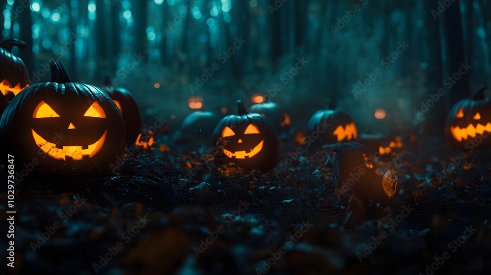 Halloween pumpkins in the forest at night.Halloween background with Evil Pumpkin. Spooky scary dark Night forrest. Holiday event halloween banner background concept Halloween pumpkins in the forest at night.Halloween background with Evil Pumpkin. Spooky scary dark Night forrest. Holiday event halloween banner background concept