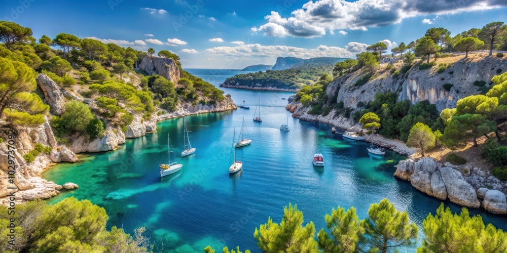 Scenic view of Calanque de Port Miou, a stunning fjord near Cassis Village in Provence, France, Calanque de Port Miou Scenic view of Calanque de Port Miou, a stunning fjord near Cassis Village in Provence, France, Calanque de Port Miou