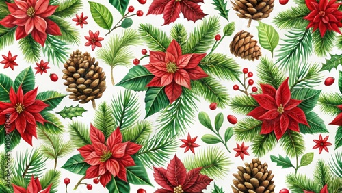 Seamless Christmas pattern with red poinsettias, fir branches, pine cones, red berries, and green leaves