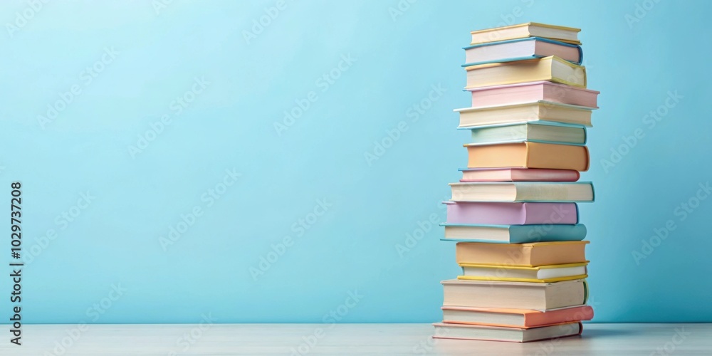 Fototapeta premium Pastel colored books stacked like a tower on a blue background, pastel, colored, books, stack, tower, blue, background