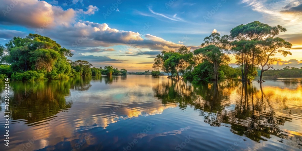 Flooded amazonian rainforest in Negro River at sunset time, Amazonas, Brazil, Amazon, rainforest, sunset, flooded Flooded amazonian rainforest in Negro River at sunset time, Amazonas, Brazil, Amazon, rainforest, sunset, flooded