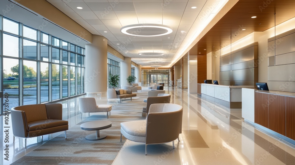 Fototapeta premium Modern hospital interior with sleek furniture, efficient lighting, and functional design elements