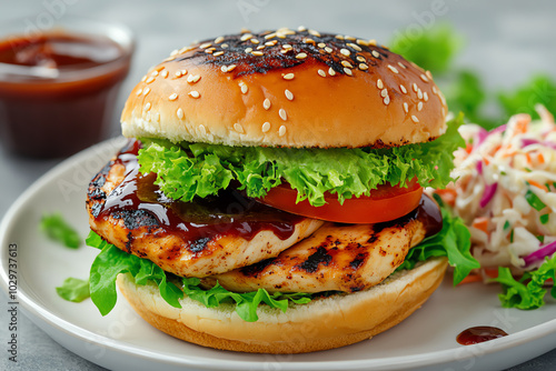 A front view of a grilled chicken sandwich, topped with BBQ sauce, lettuce, and tomato, served with a side of coleslaw