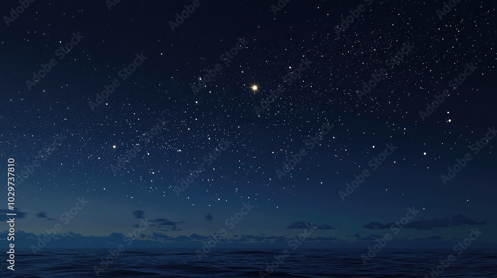 Serene Night Sky with Glowing Stars Over Ocean Serene Night Sky with Glowing Stars Over Ocean