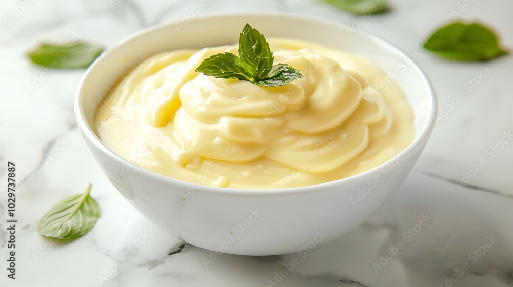 a bowl of mayonnaise on white marble background. a bowl of mayonnaise on white marble background.