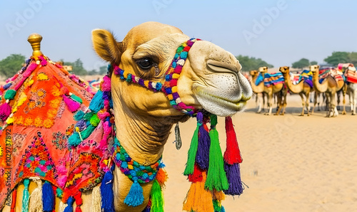 A camel with colorful decorations on its head and neck stands in a desert landscape.